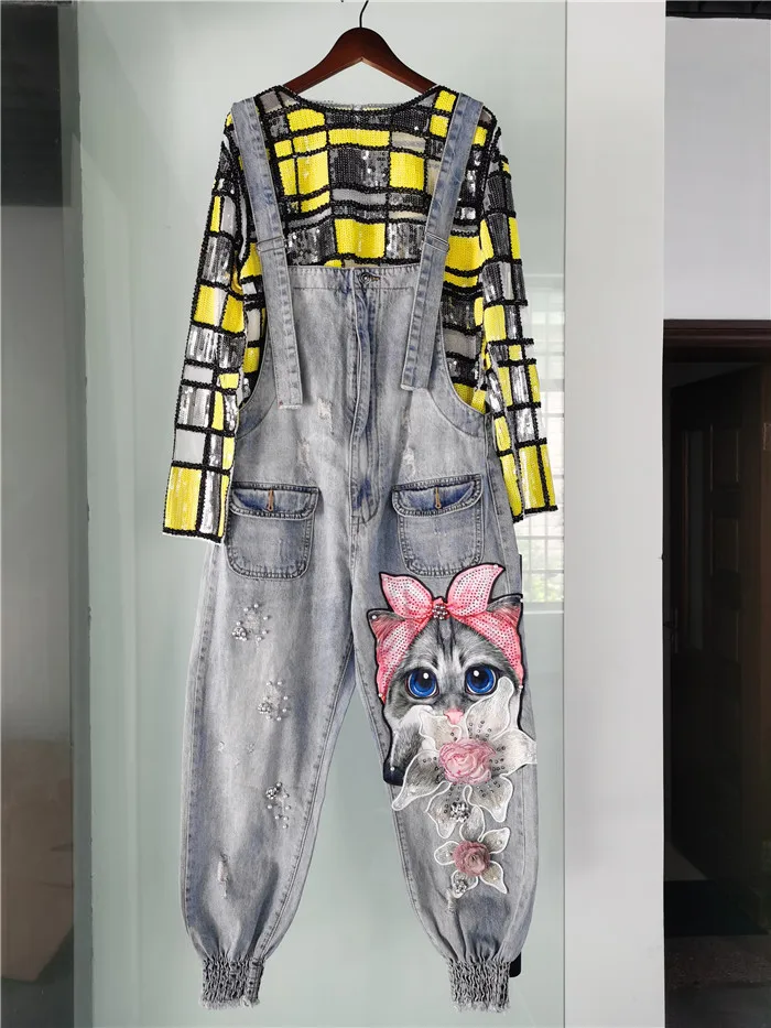 2020 Spring Fashion Cartoon Pattern Sequins Denim Jumpsuit For Women Ripped Hole Casual Loose Overalls 2020 Spring Fashion Cartoon Pattern Sequins Denim Jumpsuit For Women Ripped Hole Casual Loose Overalls