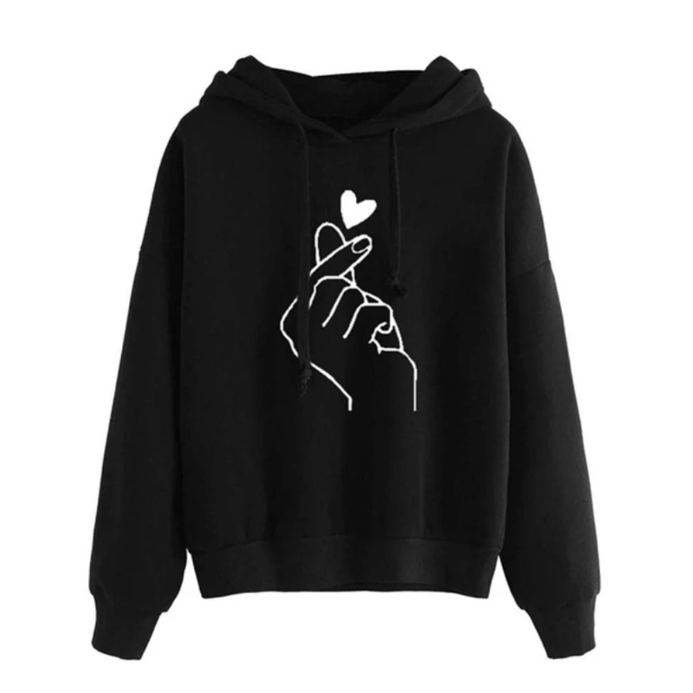 Hoodies Women Snap Finger Heart Print Long Sleeve Hooded Sweatshirt Top Casual Solid Color Sportswear S-3XL kpop худи женские