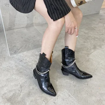 

Western Boots Woman Pointed Toe Fashion Boots Short Boots Rhinestone New Style Slip On Thick Mid Heels Winter Boots Gladiator