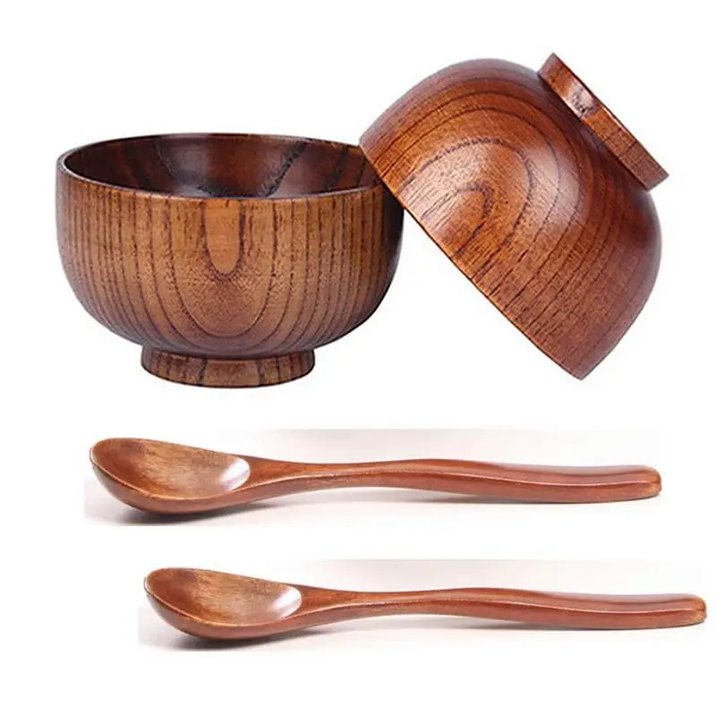 

4 Pieces Wooden Handmade Bowl and Spoon for for Rice Miso Serving Home Kitchen Tableware