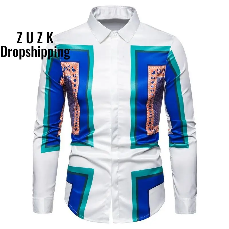 

ZUZK Top Quality Men Slim Block Printing Long-Sleeved Shirt ,Soft Material Men Fashion Shirt Men Luxury Retro Trend Shirt