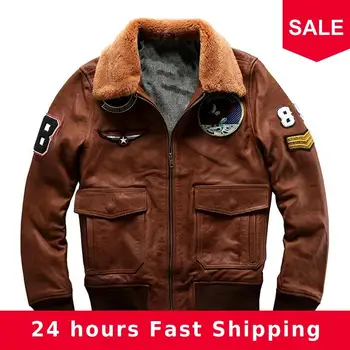 

2020 Brown Men Military Pilot Leather Jacket Wool Collar Plus Size XXXL Genuine Cowhide Autumn Slim Fit Aviator Leather Coat