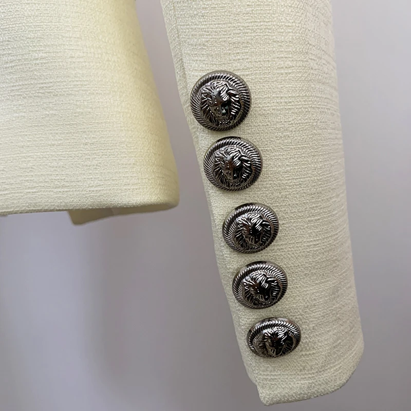 HIGH STREET Newest 2024 Classic Designer Blazer Women's Lion Buttons Double Breasted Slim Fit Textured Blazer Pastel yellow 6