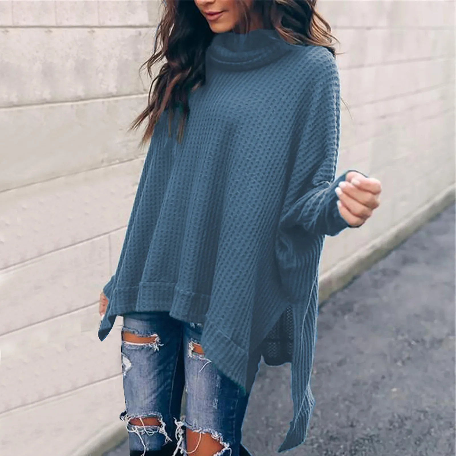 Vintage Pullovers Women's Autumn And Winter Loose Solid Color Irregular Hem Stitching Long-sleeved Pile Collar Knit Sweater Top 2