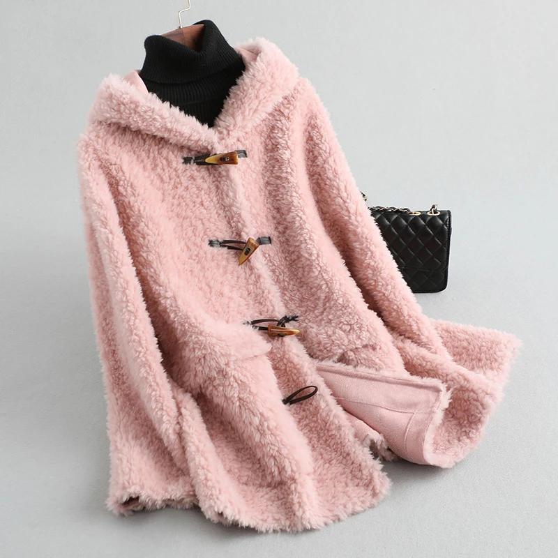 PUDI A19504 women winter genuine wool fur coat winter buckler horn warm lady hood coat jacket overcoat - Color: pink