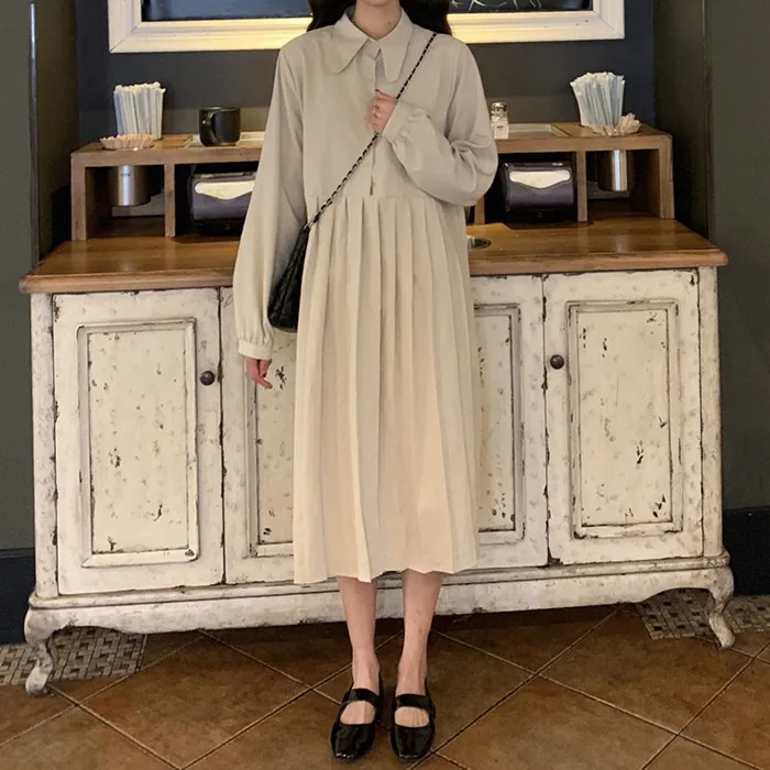 

Photo Shoot WOMEN'S Dress Spring New Style Retro Peter Pan Collar Shirt Mid-length Pleated Dress