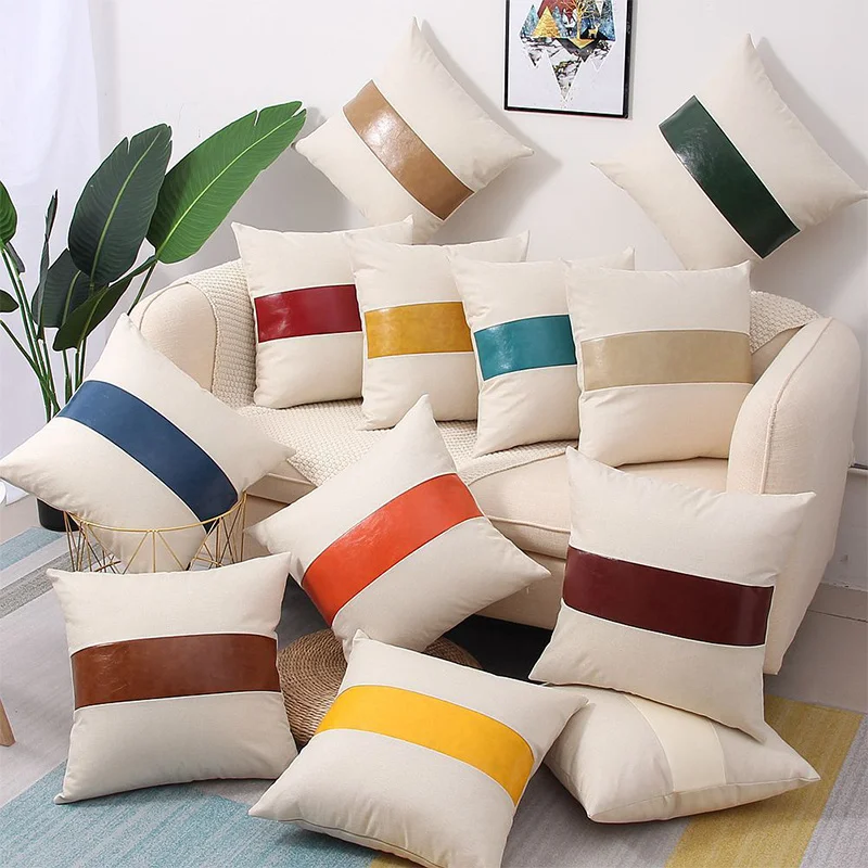 

45*45cm PU Leather Stitching Bedroom Pillowcover Sofa Cushion Cover Throw Cushion Cover Office Outdoors Pillowcase 40838