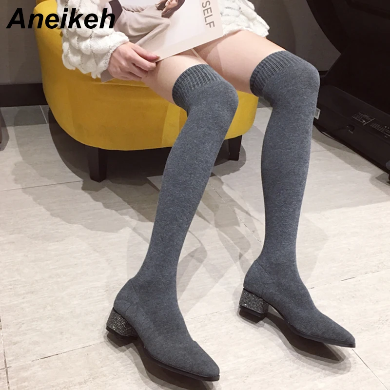 

Aneikeh 2020 Spring Fashion Women Over-the-Knee Boots Square Low Heels Shoes Slip-On Square Toe Sexy Boots Solid Party Office