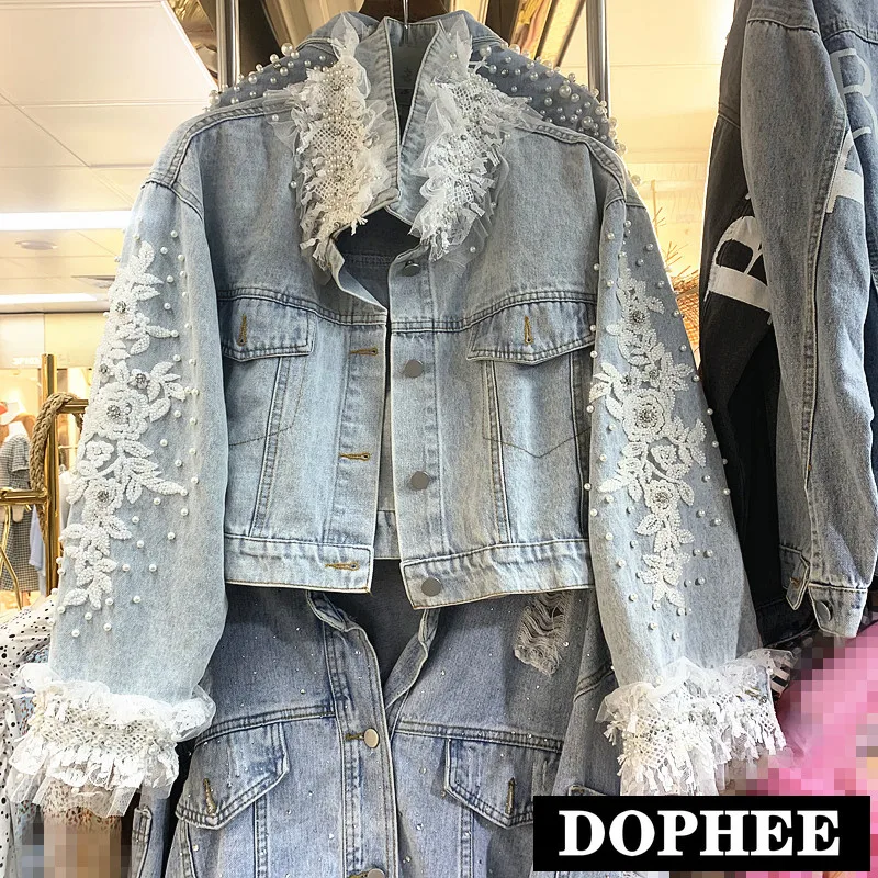 2019 New Autumn Heavy Beaded Gauze Lace Denim Coat Diamond Embroidered Short Women Jeans Jacket | Женская одежда
