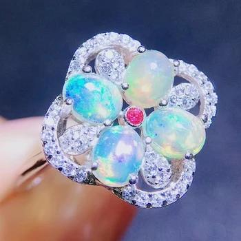 

Per jewelry Natural real white opal flower big ring Free shipping 0.25ct*4pcs gemstone 925 sterling silver Fine jewelry Q2042628