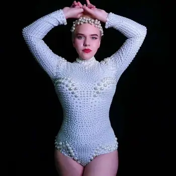 

White Beads Long Sleeve Stretch Bodysuit Pearls Elastic Evening Bodysuits Sexy Bar Nightclub Singer Dancer DJ Costume DT1567