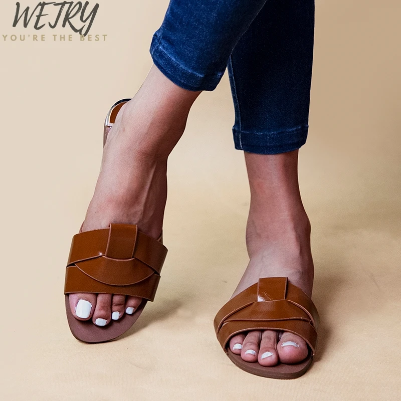 

IN 2020 Comfort PU Leather Outside Summer Slides Retro Women Slippers Flat with Slip-on Slides Beach Women Shoes