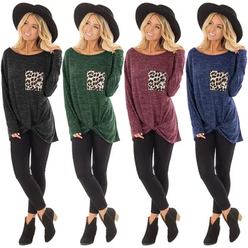 

New Women's Leopard Pocket Knotted Patchwork T-shirt Top 2019 Autumn Casual Long Sleeve O Neck Tee Shirt Tops