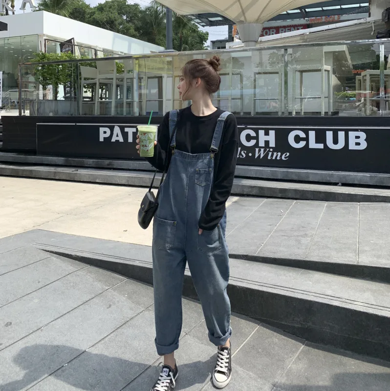 

2020 Spring And Autumn New Youth Popular Ladies Solid Color Loose Jeans Fashion Casual Wild Bib Pants Blue / Sky Blue /Gray S-XL