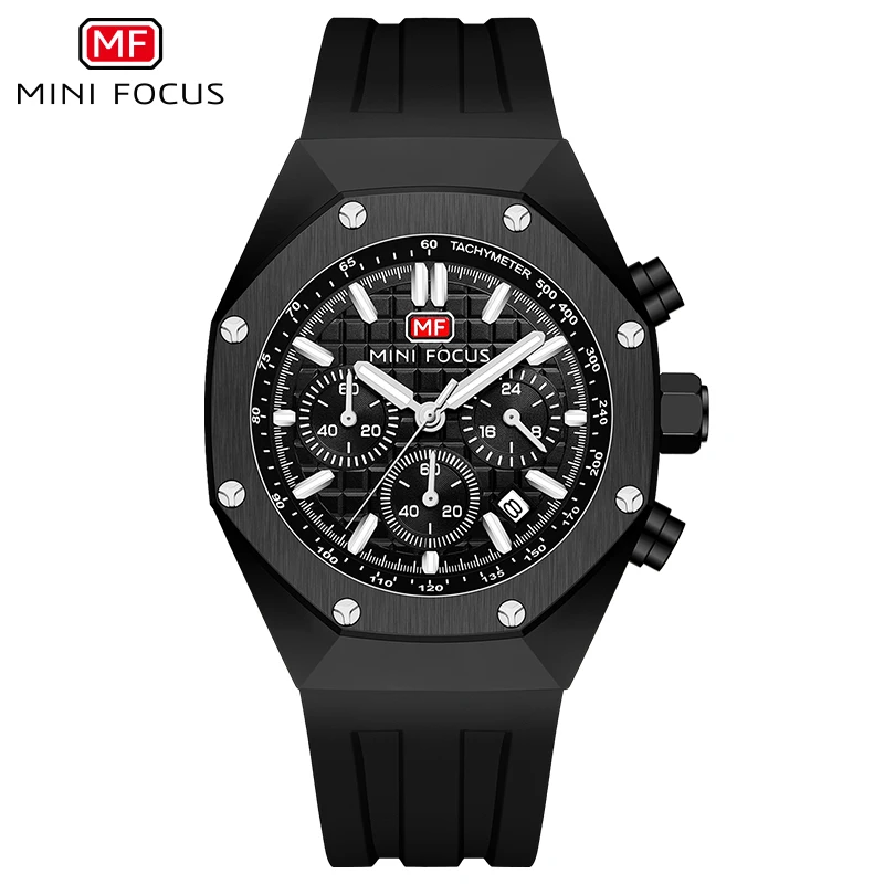 MINI FOCUS Polygon Design Alloy Quartz Wristwatch Luxury Brand Watch Men High Quality Silicone Chronograph Sport Waterproof Male 