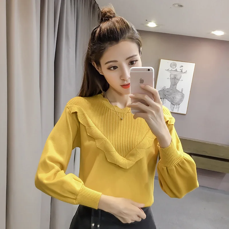 

2019 Autumn And Winter New Knit Shirt Korean Fashion Half-high Collar Ruffle Lantern Sleeves Long-sleeve Knit Shirt Women