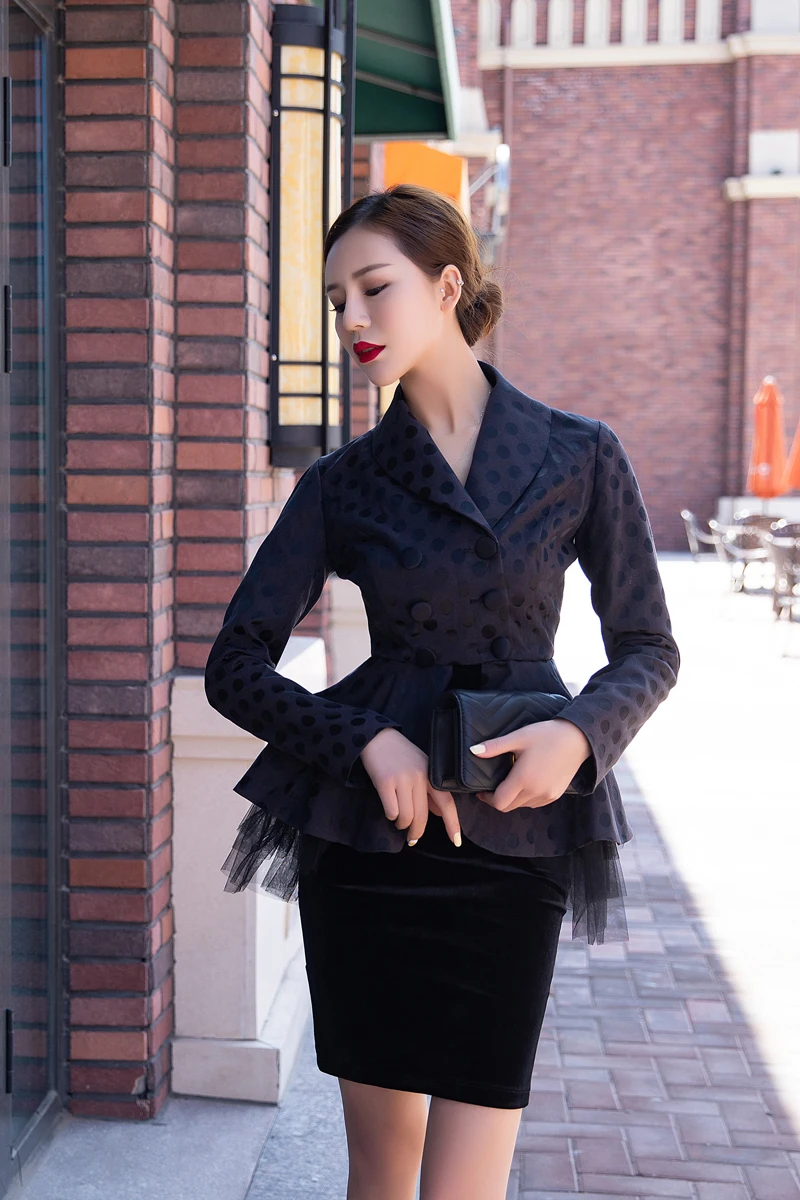 

Vintage Women Two Piece Sets Autumn Winter Coat Double Breasted Top and Shorts Velvet Bodycon Skirt Dress 2 Piece Set