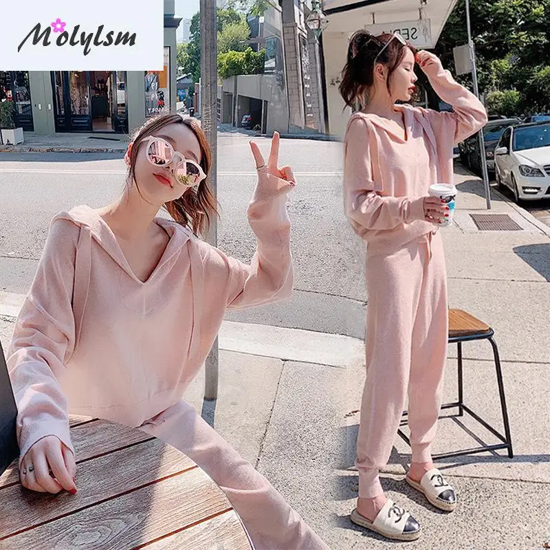

2020 Leisure Sports Suit Women's 2 Piece Set Loose Knit Sweater Hoodie Knitted Winter Woman Tracksuit Women's sweaters