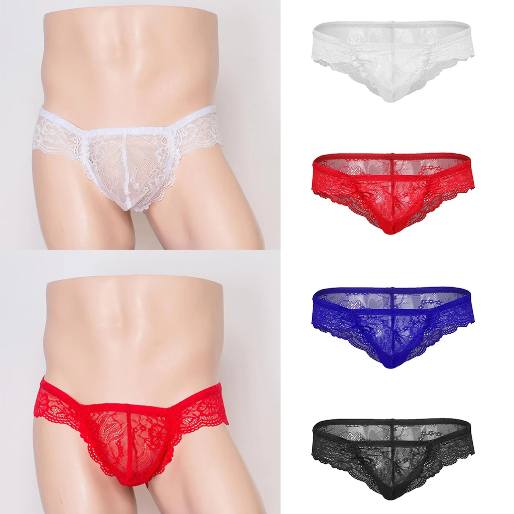 Mens Breathable Sheer Lace Floral Sissy Bulge Pouch Thong Brief G-string Gay Underwear Knickers
