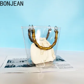 

New Hot Jelly Transparent zi mu bao Bucket Bamboo Beach Bag Wrist Hand Environmental Package Fashion