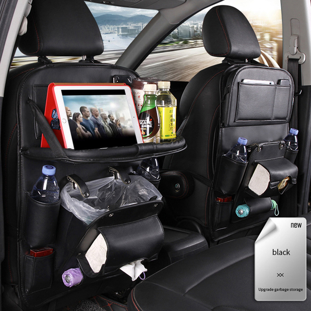 Leather Car Seat Back Organizer Tray Travel Car Storage Organizer Pad Bag With Foldable Table Car Trash Can Auto Accessories