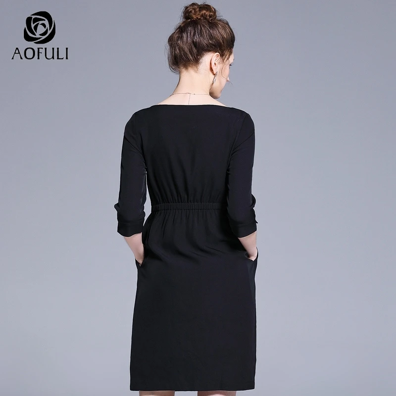 Размер L/XL/XXL женский эластичный пояс платье с коротким рукавом для женщин весна осень элегантные черные платья до колена 21311