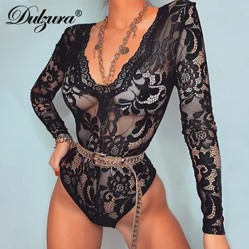 

Dulzura lace mesh sheer women bodysuit long sleeve bodycon sexy 2019 autumn winter clothes streetwear clubwear body Christmas