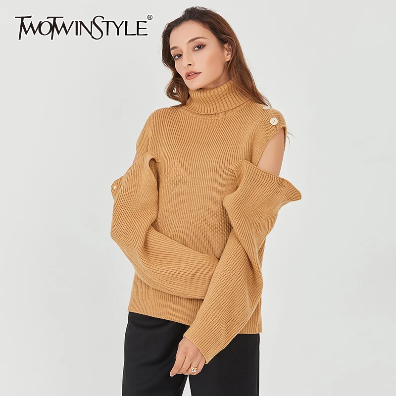 

TWOTWINSTYLE Korean Patchwork Hollow Out Sweater For Women Turtleneck Long Sleeve Knitted Pullovers Female 2020 Fall Fashion New