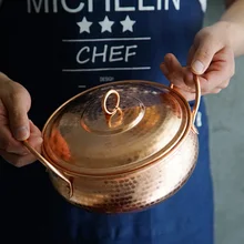 Двухухое чистое медное судно с крышкой ручная работа без покрытия медная кастрюля суп горшок безопасность здоровья