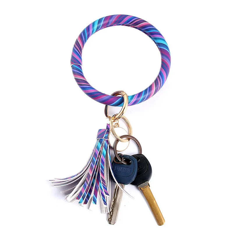 

Leopard Grain PU Leather Bangle Key Chain For Women Men Handmade Tassel Alloy Accessories 2019 New Trendy Printing Key Rings