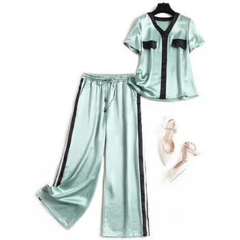 

Acetate Office Lady Two Piece Pants Set Women V-Neck Pullover + Elastic Waist Ankle-Length Pants Korean Style Women Suit