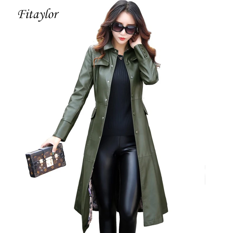 Fitaylor Новая Женская Длинная кожаная куртка размера плюс 5XL Элегантные женские пальто из искусственной кожи с эффектом потертости Тренч Женская верхняя одежда с поясом