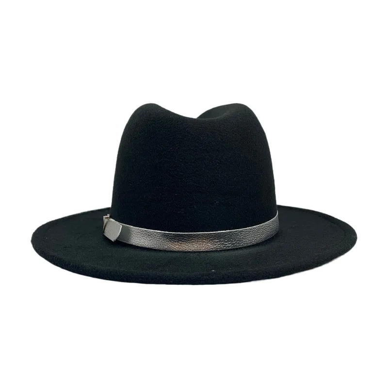 Men Cowboy Fedora Hat Women Black British style Trilby Party Formal Panama Cap With Silver Belt Dress Hat Cowboy black fedora hat