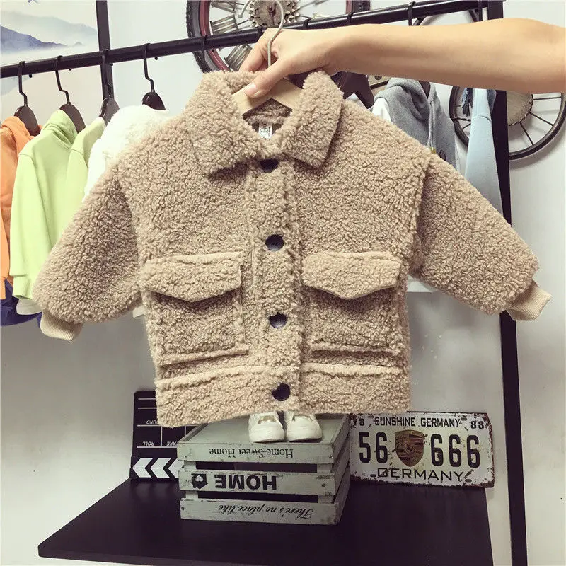 Children's lamb wool coat new children's autumn and winter fashion baby boy sweater thickened - Цвет: khaki