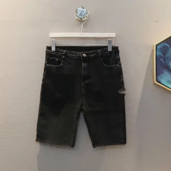 

[EWQ] 2020 Spring Summer New Arrivals High Waist Skinny Pockets Hole Women Fashion Casual Pencil Half Denim Pants AY09401XL