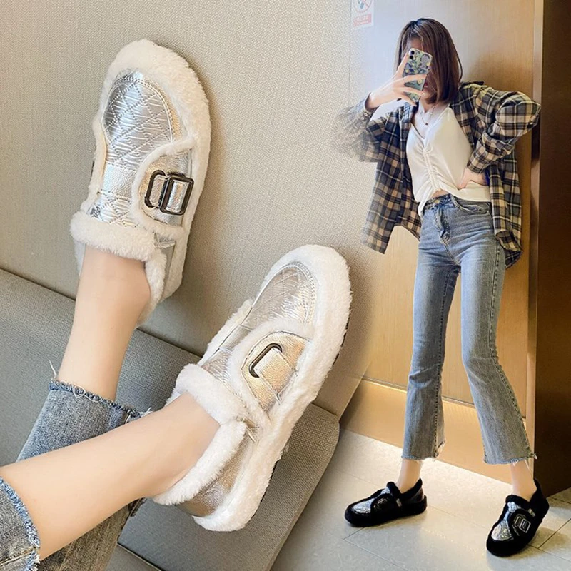Zapatos de para mujer, alpargatas de piel de cordero con decoración de hebilla mocasines felpa cálidos, color negro/plateado, 2021|Zapatos planos de mujer| - AliExpress