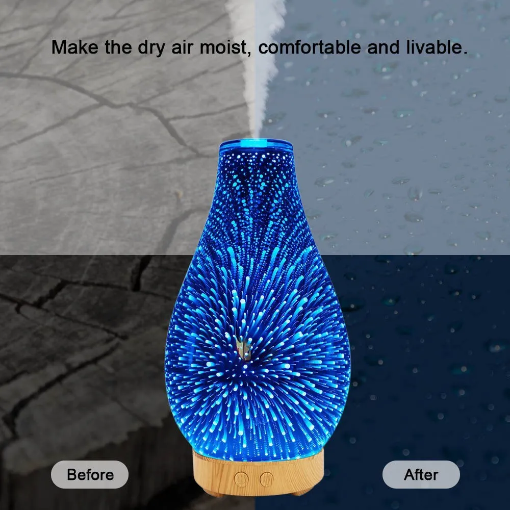 Cool fireworks 3D Glass Diffuser Ultrasound Aroma Diffuser Aromatherapy Ultrasound Humidifier 7 Color-chang LED for Home Hotel