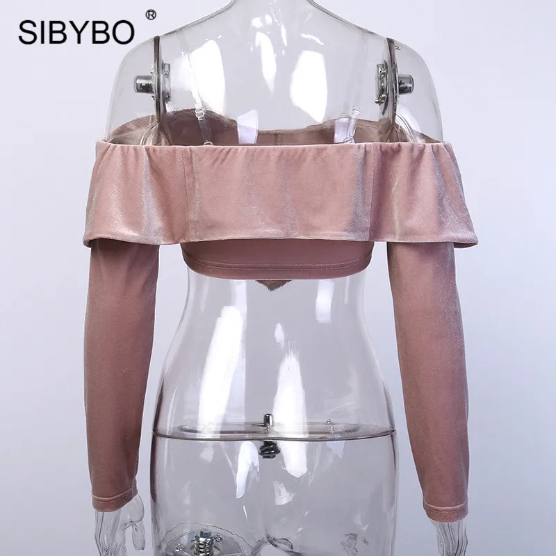 SIBYBO бархатные сексуальные топы с открытыми плечами для женщин, летняя футболка без бретелек с длинным рукавом, женские топы с открытой спиной