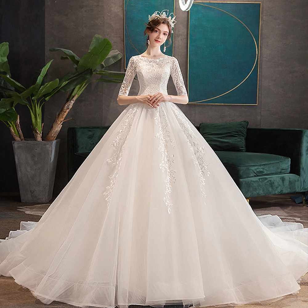 

Half Sleeve Wedding Dresses With Chapel Train Vestido De Novia Bohemio Lace Up Back Appliques Princess Bridal Gowns Alibaba
