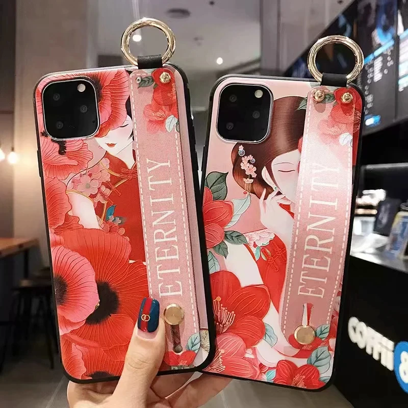 Чехол на запястье для iPhone 11 Pro 7 8 6 6S Plus Cheongsam Girl из мягкого ТПУ с кольцом палец X XS Max