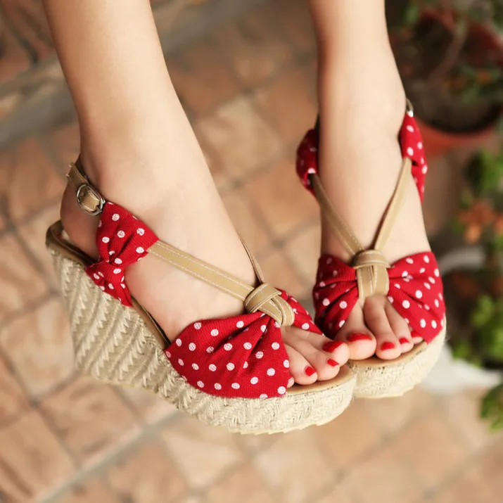 Platform Sandals Wedges Shoes for Women 2020 Fashion High Heels Sandles Polka Dot Cute Bow Summer Ladies Blue Red Black | Обувь