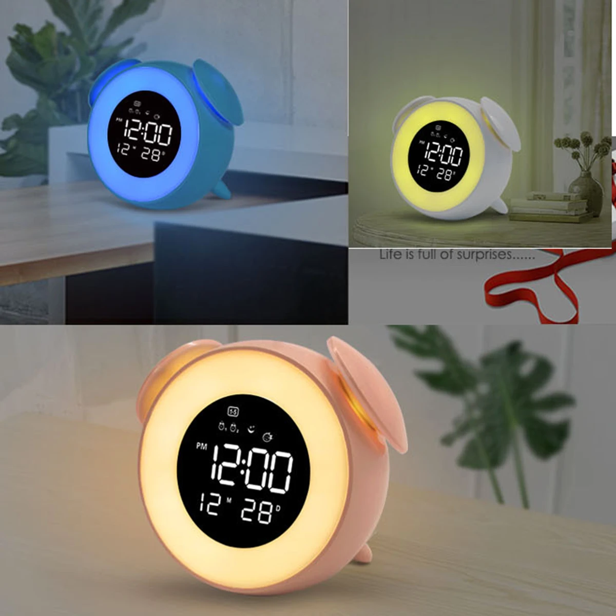 Цифровой Настольный будильник, 3 цвета, светодиодный Будильник для детей, настольные часы, натуральный звук, будильник, календарь, фронтальное украшение