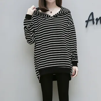 

Fashion Women Hoodies Sweatshirts Striped Mid-Long Spring Autumn Long Sleeve Ladies Hooded Pullover