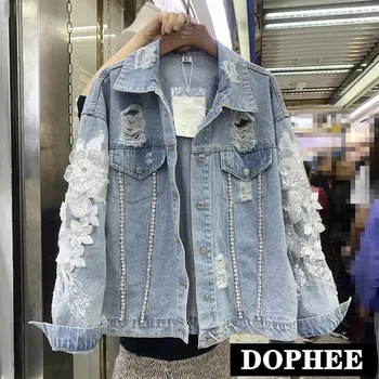 

New Spring Heavy Bead Diamond Embroidery Three-dimensional Flower Wash Water Hole Jeans Jacket BF Wind Loose Denim Coat Female