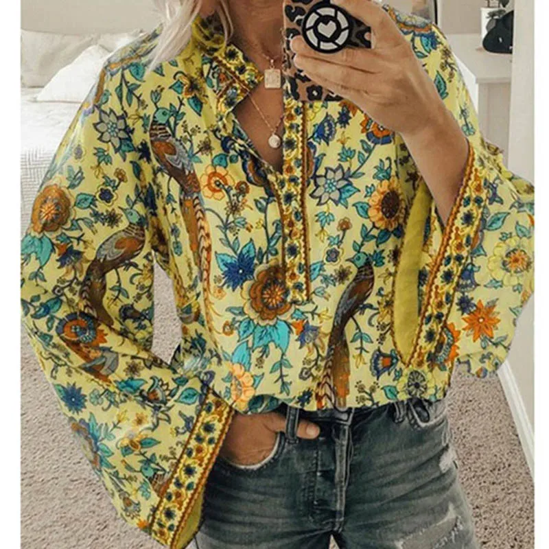 Fanbety Plus size Autumn Chic Blouses women Peacock Floral Print Long Sleeve Shirts women Casual V-neck Boho Blouse Tops Female