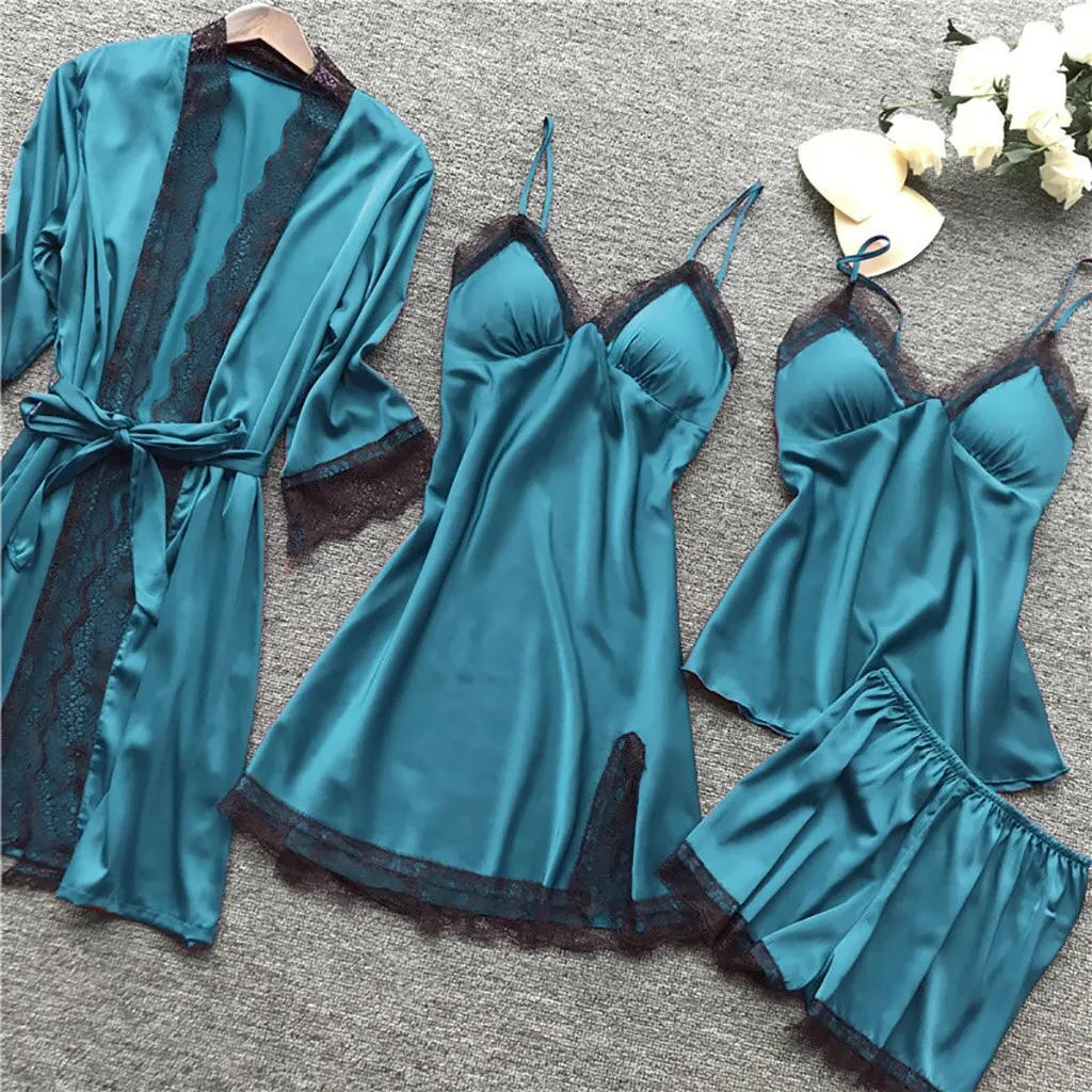 

4 Pieces 2021 Women Pajamas Sets Satin Sleepwear Silk Nightwear Pyjama Soild Strap Lace Sleep Lounge Pijama With Chest Pads