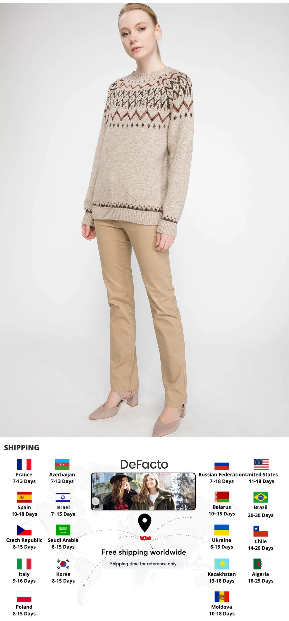 DeFacto, женские трикотажные повседневные Простые пуловеры с круглым вырезом и геометрическим узором, толстовка, осенняя мода, новинка-J0537AZ18WN