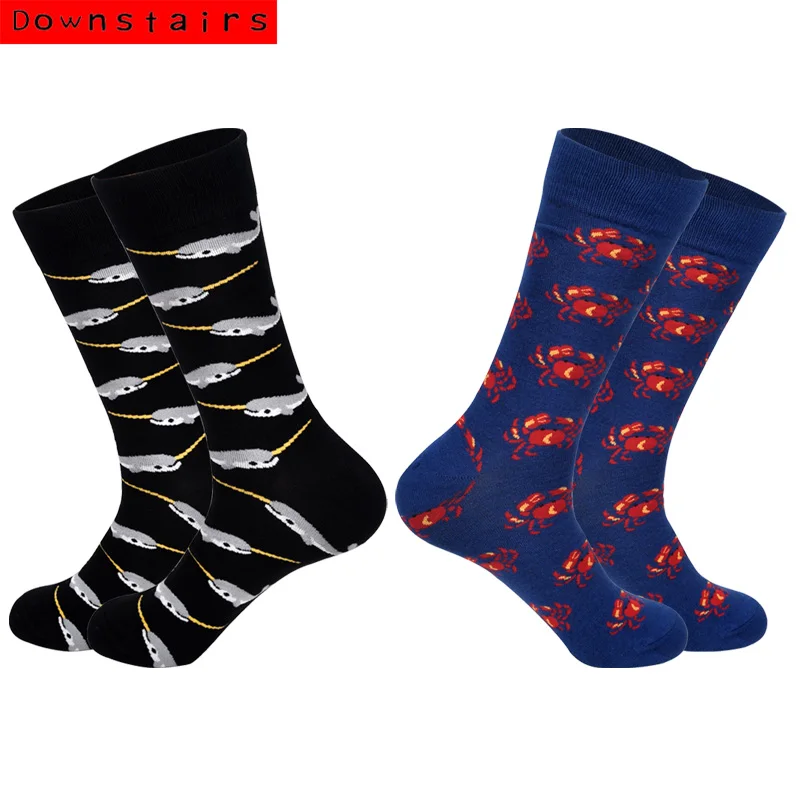 

Downstairs 2Pairs\Lot Happy Socks for Men Fish Cat Dog Monkey Halloween Pumpkin Fashion Cotton Hip Hop Men Socks Lingerie
