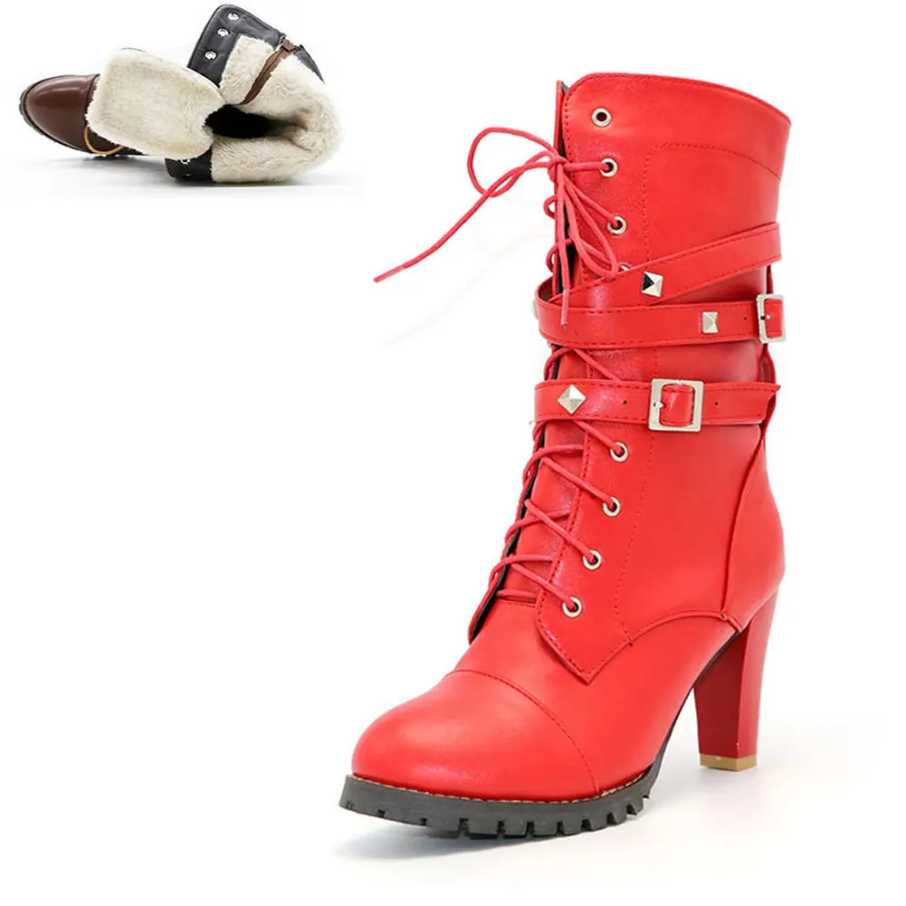 RIBETRNI/зимние женские мотоциклетные ботинки на меху; обувь в стиле панк с заклепками; женские ботинки на высоком каблуке; зимние стильные ботинки до середины икры на платформе - Цвет: red add fur 1