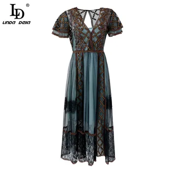 

LD LINDA DELLA Elegant Summer Dress Fashion Runway Women Sexy V-Neck Butterfly Sleeve Embroidery Mesh Ladies Midi Drseees